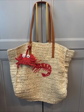 Women’s Straw Tote Bag with Red Lobster Accent - Cream and Tan